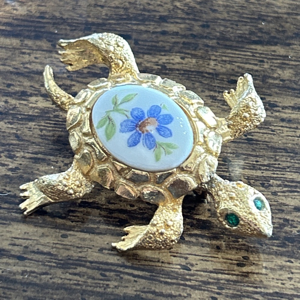 Vintage Turtle Brooch Gold Tone Floral Cabochon Green Eyes Figural Pin